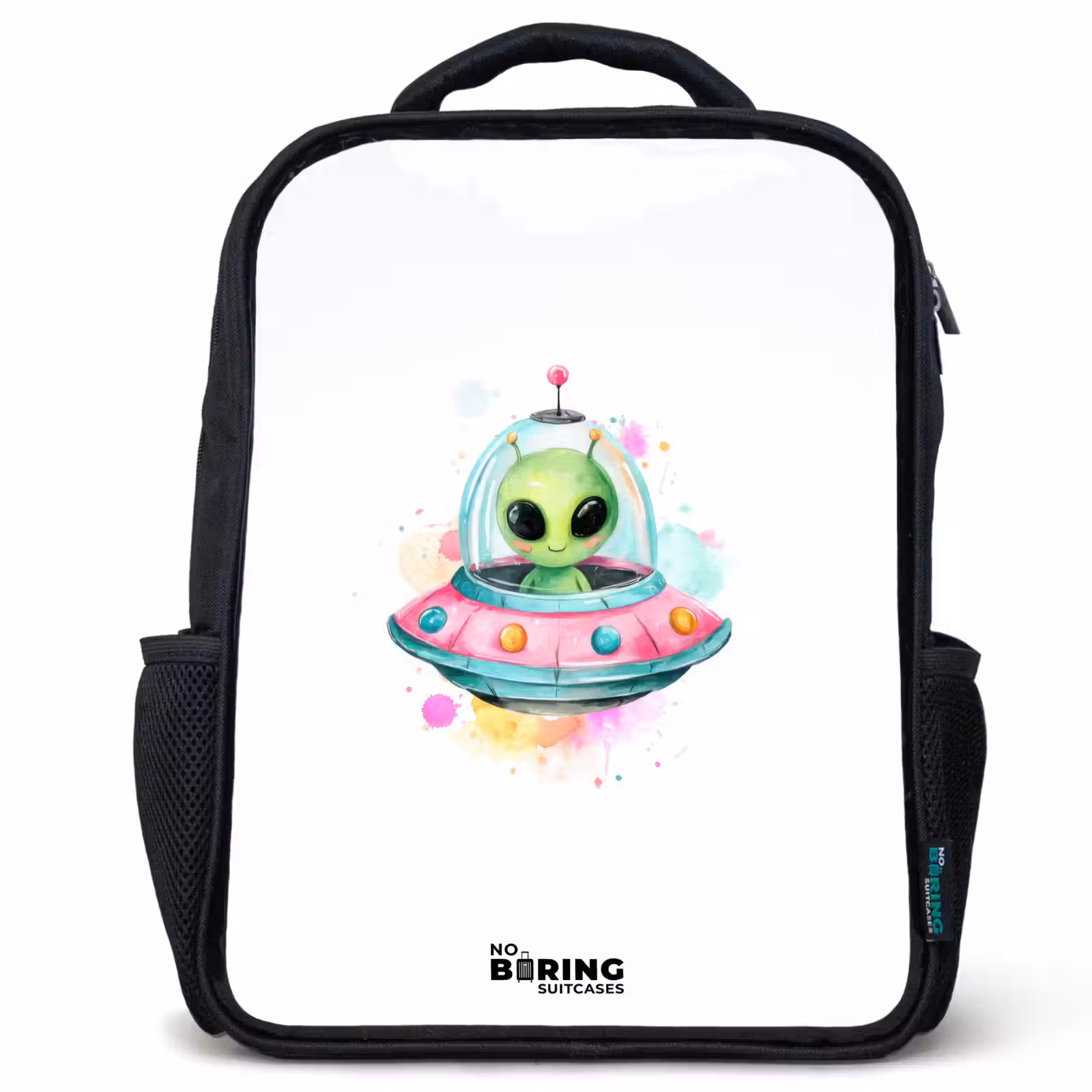 Kinderrucksack - Schwarz - Grüner Außerirdischer in buntem UFO — 1