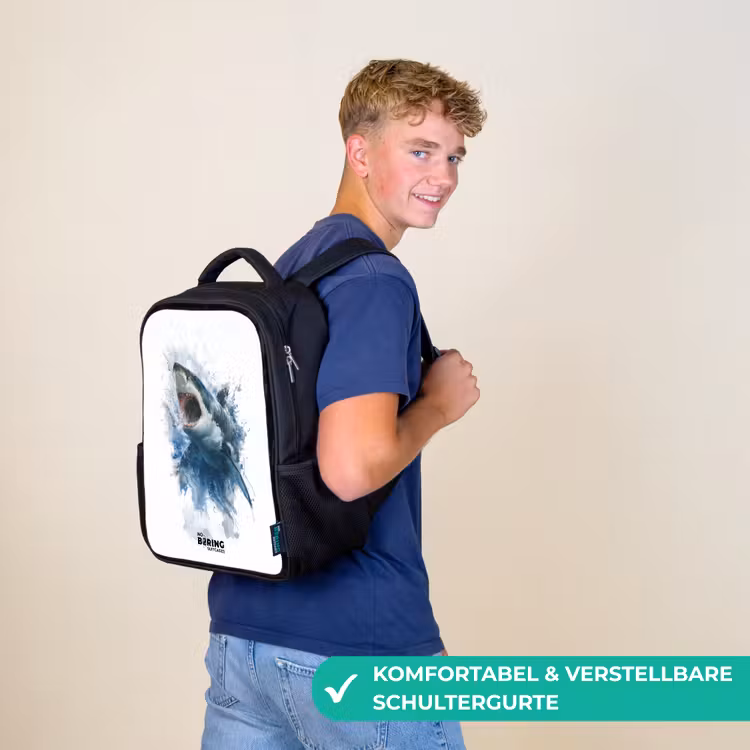 Kinderrucksack - Schwarz - Angreifender Hai in Aquarell — 9