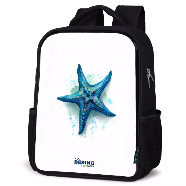 Kinderrucksack - Schwarz - Blauer Seestern auf weißem Hintergrund — 4