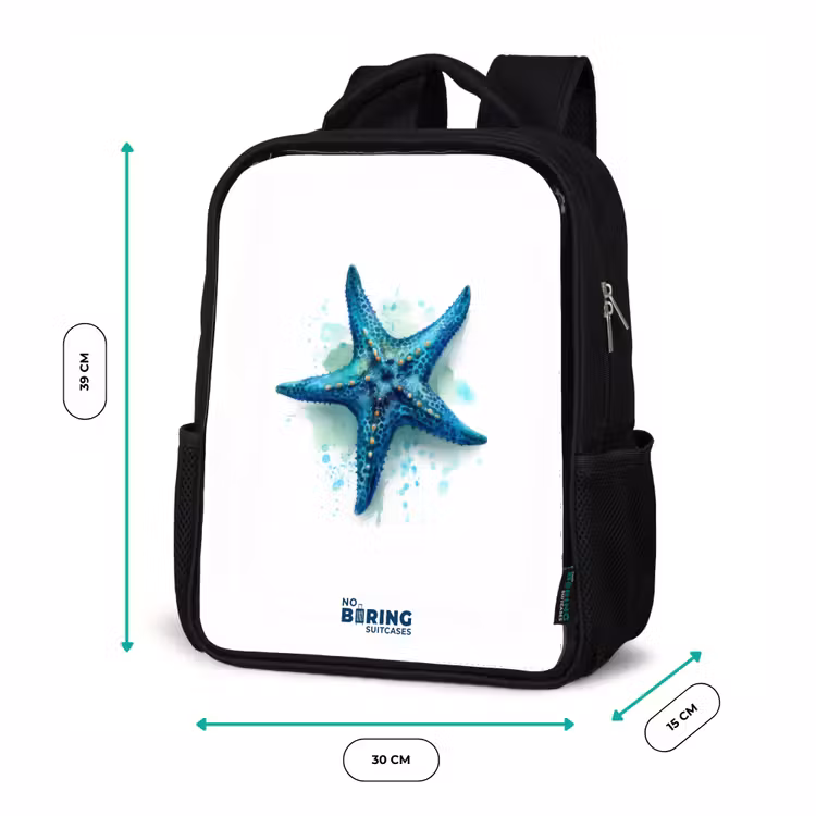 Kinderrucksack - Schwarz - Blauer Seestern auf weißem Hintergrund — 6