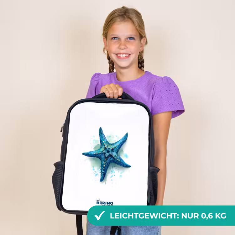 Kinderrucksack - Schwarz - Blauer Seestern auf weißem Hintergrund — 7