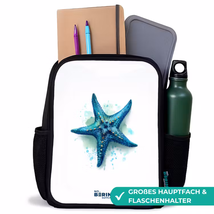 Kinderrucksack - Schwarz - Blauer Seestern auf weißem Hintergrund — 8