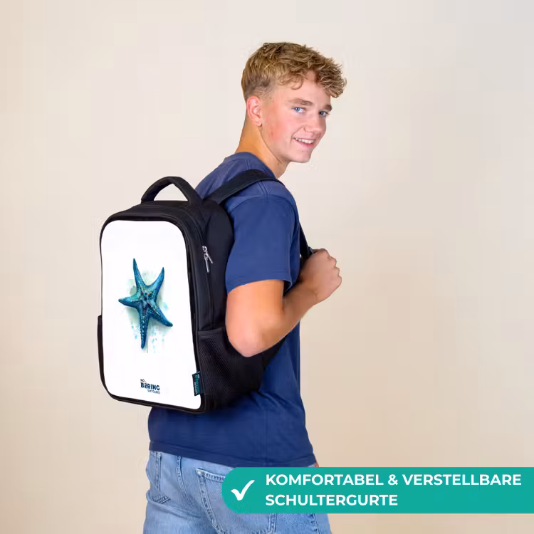 Kinderrucksack - Schwarz - Blauer Seestern auf weißem Hintergrund — 9