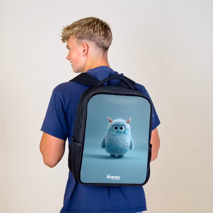 Kinderrucksack - Schwarz - Blaues Plüschmonster mit Hörnern — 3