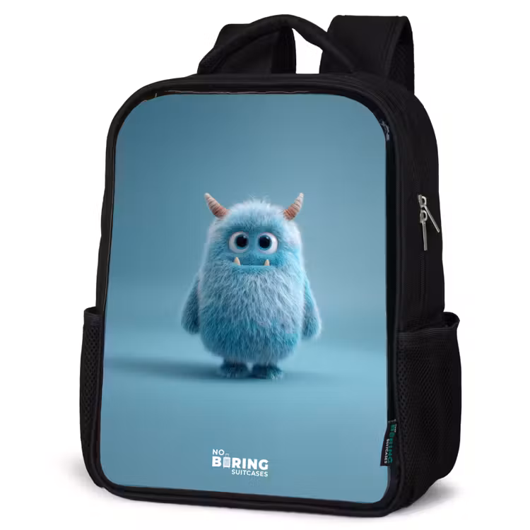 Kinderrucksack - Schwarz - Blaues Plüschmonster mit Hörnern — 4