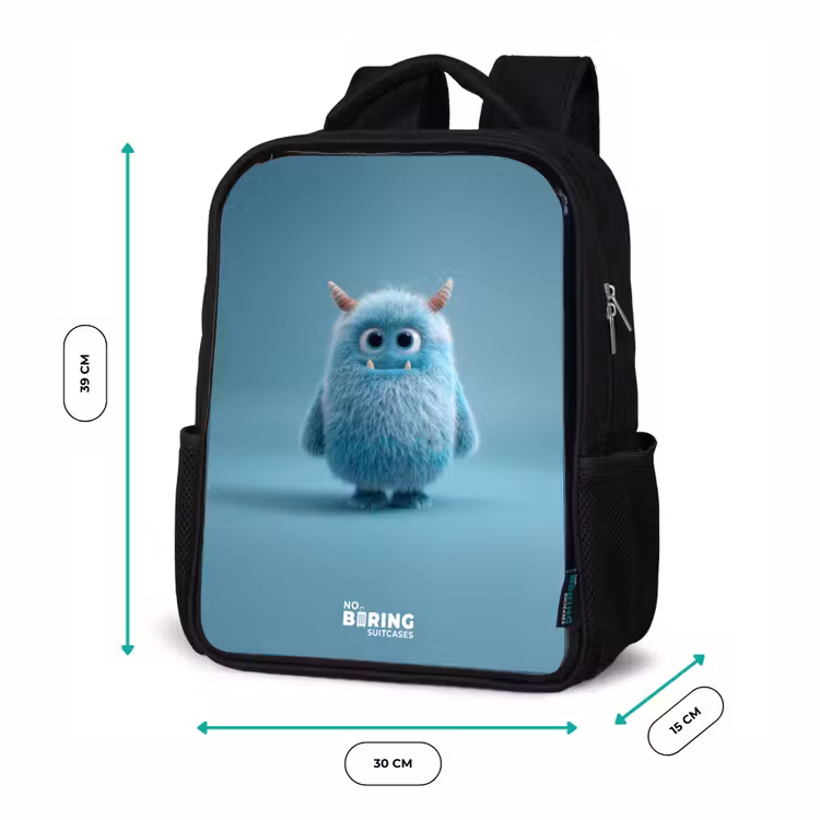 Kinderrucksack - Schwarz - Blaues Plüschmonster mit Hörnern — 6