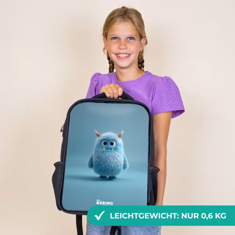 Kinderrucksack - Schwarz - Blaues Plüschmonster mit Hörnern — 7