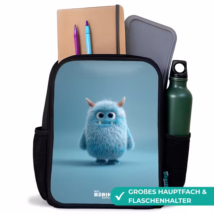 Kinderrucksack - Schwarz - Blaues Plüschmonster mit Hörnern — 8