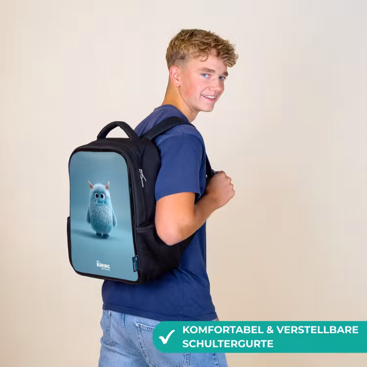 Kinderrucksack - Schwarz - Blaues Plüschmonster mit Hörnern — 9