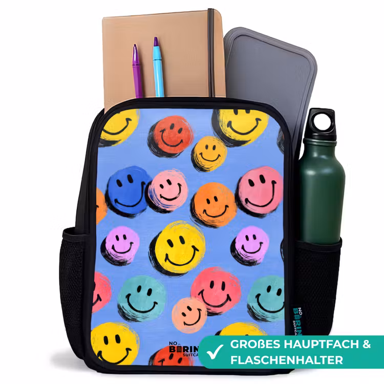 Kinderrucksack - Schwarz - Ein verspieltes und künstlerisches Muster aus bunten Smileys — 8