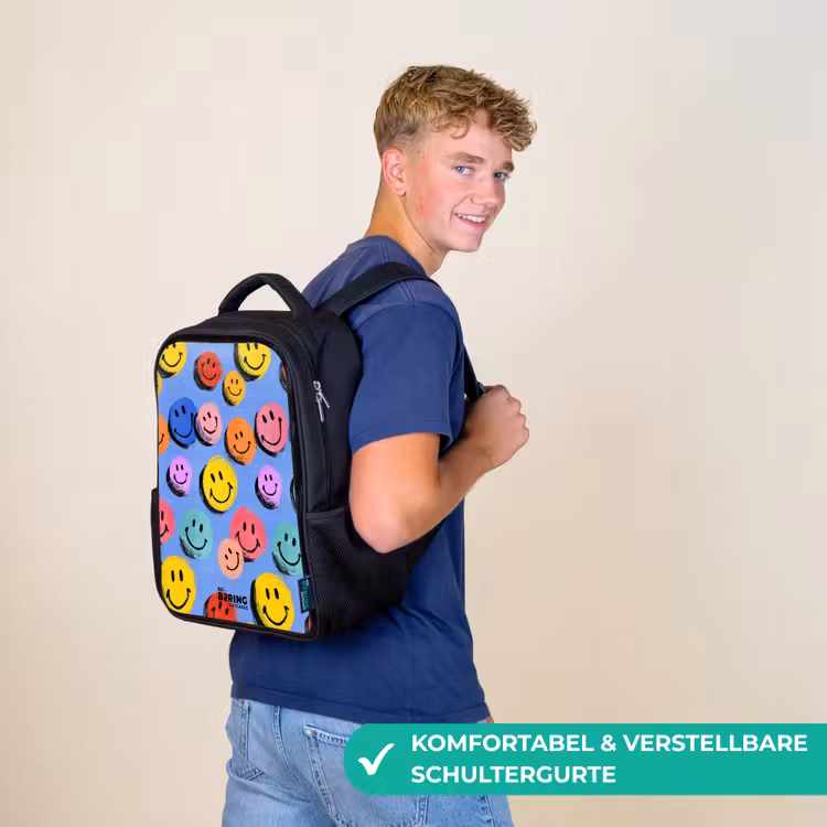 Kinderrucksack - Schwarz - Ein verspieltes und künstlerisches Muster aus bunten Smileys — 9