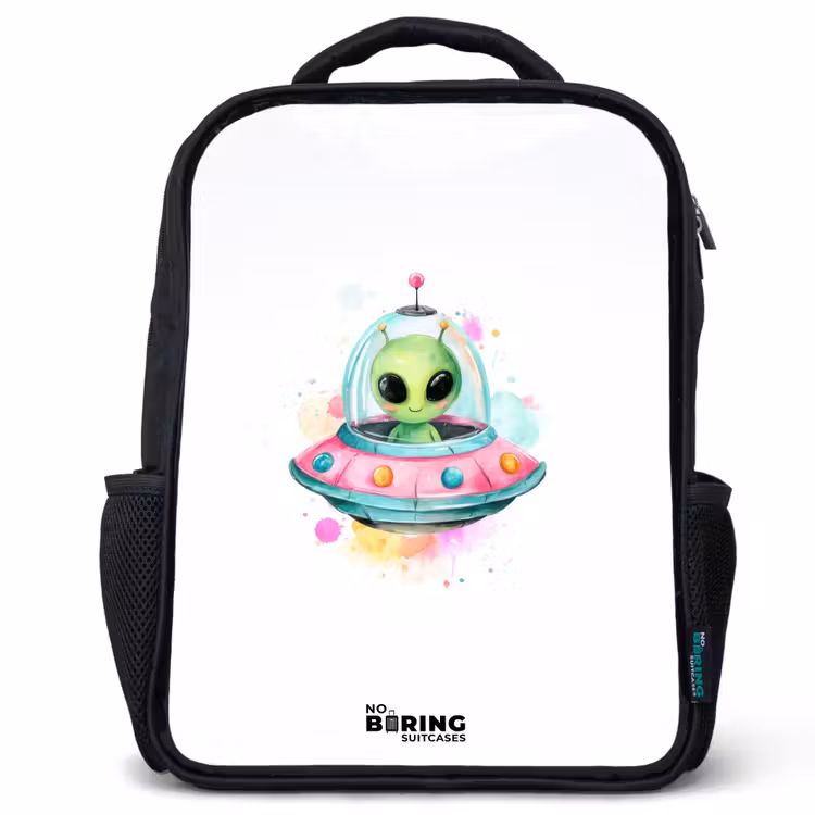 Kinderrucksack - Schwarz - Grüner Außerirdischer in buntem UFO — 1