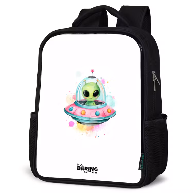 Kinderrucksack - Schwarz - Grüner Außerirdischer in buntem UFO — 4