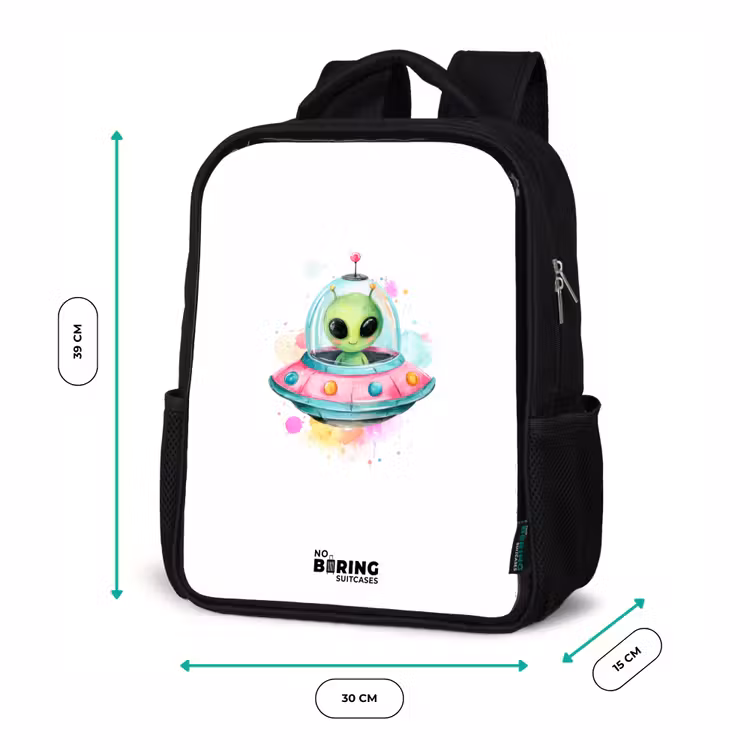 Kinderrucksack - Schwarz - Grüner Außerirdischer in buntem UFO — 6