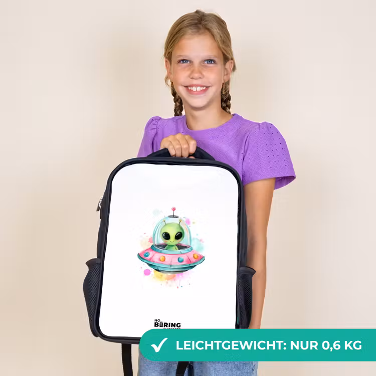Kinderrucksack - Schwarz - Grüner Außerirdischer in buntem UFO — 7