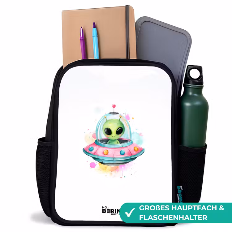 Kinderrucksack - Schwarz - Grüner Außerirdischer in buntem UFO — 8