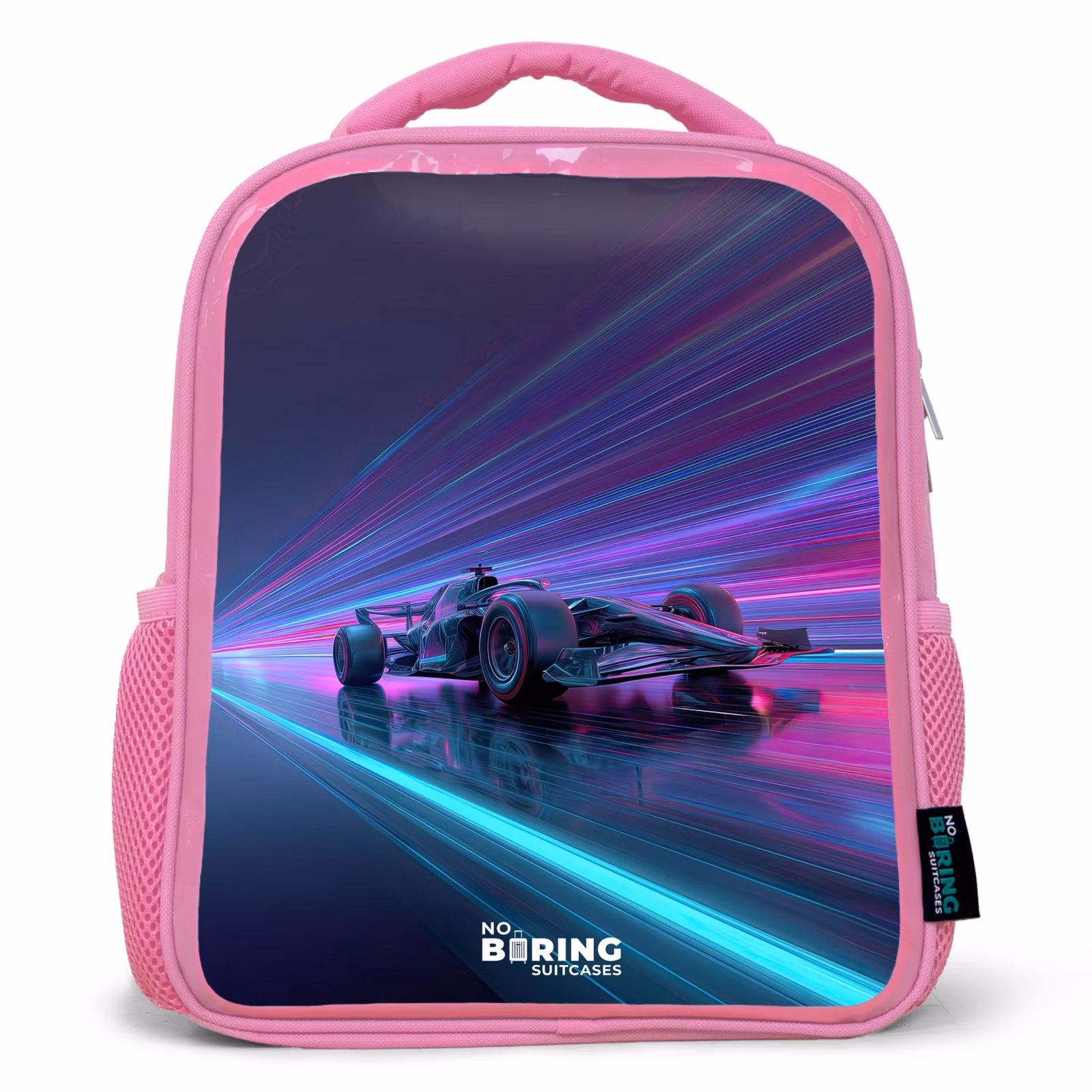 Kinderrucksack - Rosa - Neon - Rennwagen - Leichte Streifen - Lila — 1