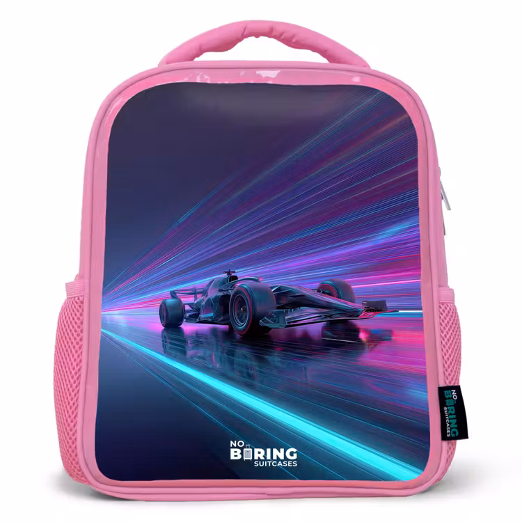 Kinderrucksack - Rosa - Neon - Rennwagen - Leichte Streifen - Lila — 1