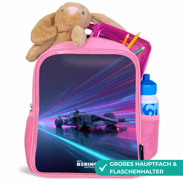 Kinderrucksack - Rosa - Neon - Rennwagen - Leichte Streifen - Lila — 3