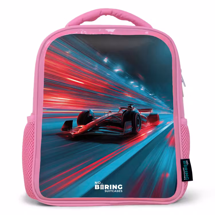 Kinderrucksack - Rosa - Rennwagen - Strecke - Neon - Beleuchtung — 1