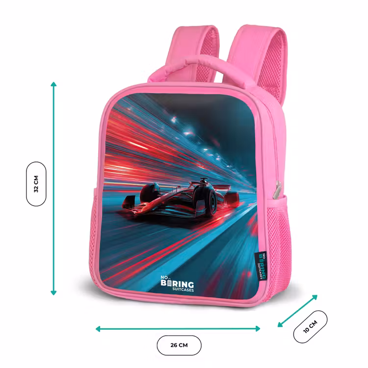 Kinderrucksack - Rosa - Rennwagen - Strecke - Neon - Beleuchtung — 2