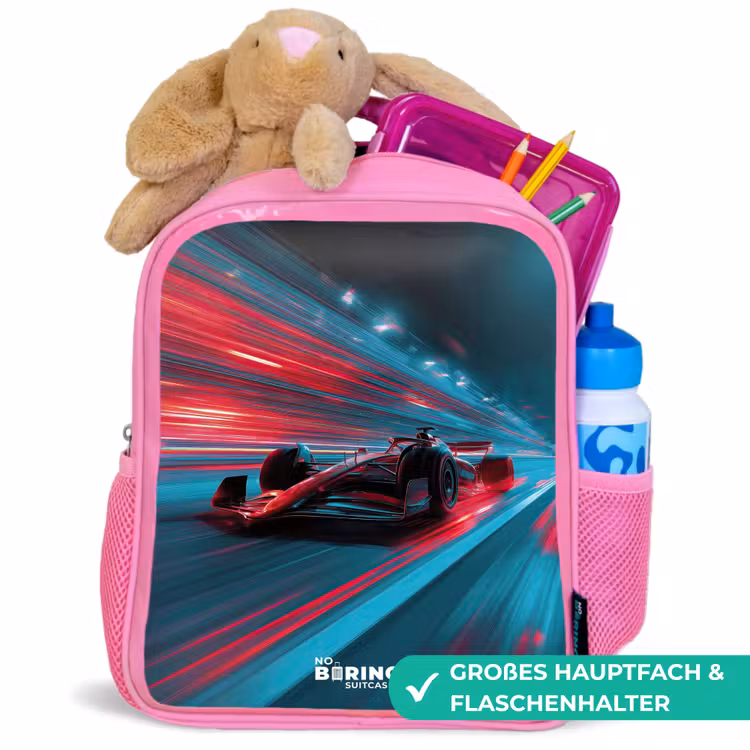 Kinderrucksack - Rosa - Rennwagen - Strecke - Neon - Beleuchtung — 3