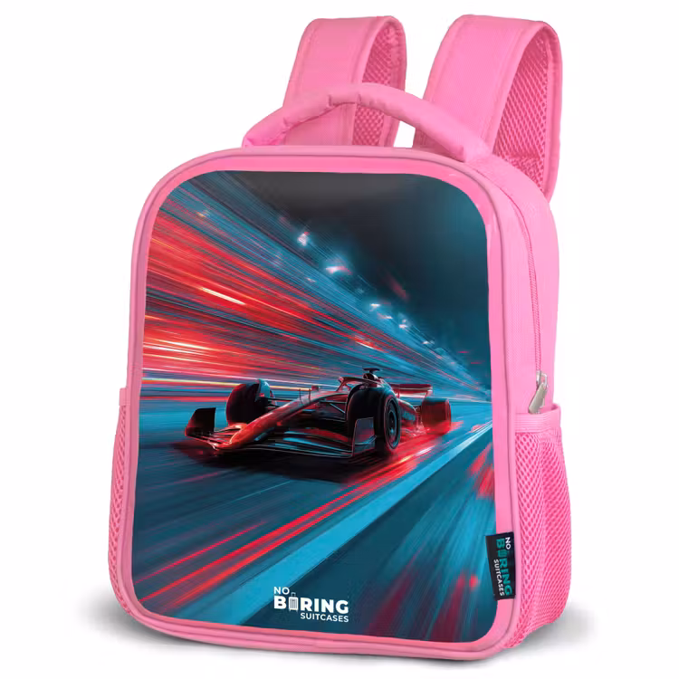 Kinderrucksack - Rosa - Rennwagen - Strecke - Neon - Beleuchtung — 4