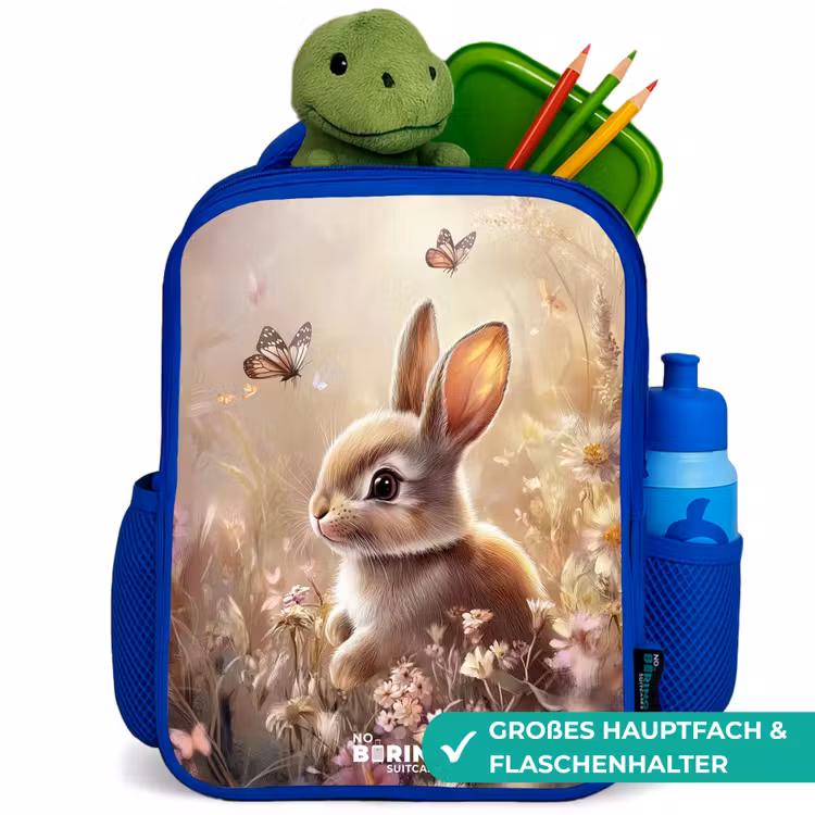 Kinderrucksack - Blau - Blumen - Braun - Hase - Schmetterling — 3