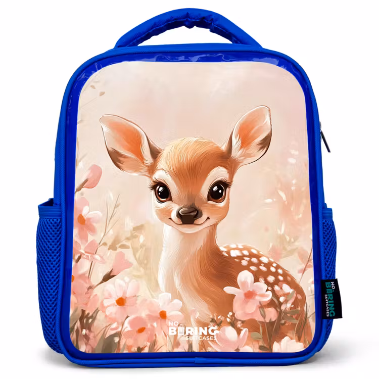 Kinderrucksack - Blau - Hirsche - Augen - Punkte - Blumen — 1