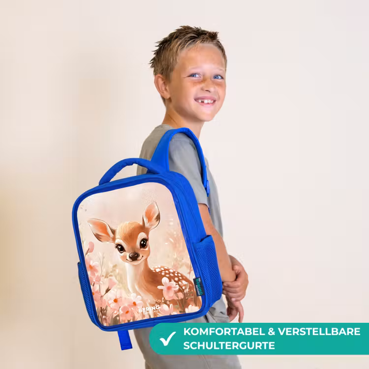Kinderrucksack - Blau - Hirsche - Augen - Punkte - Blumen — 5