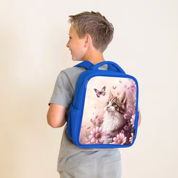 Kinderrucksack - Blau - Katze - Lila - Schmetterlinge - Blumen — 2