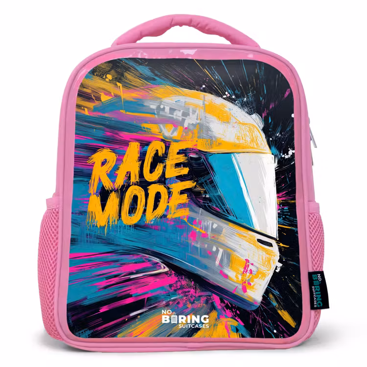 Kinderrucksack - Rosa - Rennhelm - Farbspritzer - Pinselstriche - Rennmode — 1