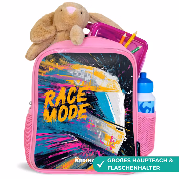 Kinderrucksack - Rosa - Rennhelm - Farbspritzer - Pinselstriche - Rennmode — 3