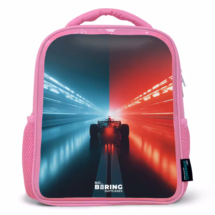 Kinderrucksack - Rosa - Rennstrecke - Rennwagen - Neon - Rot — 1