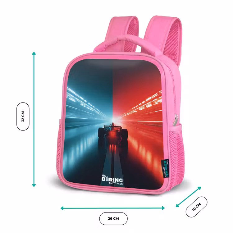 Kinderrucksack - Rosa - Rennstrecke - Rennwagen - Neon - Rot — 2
