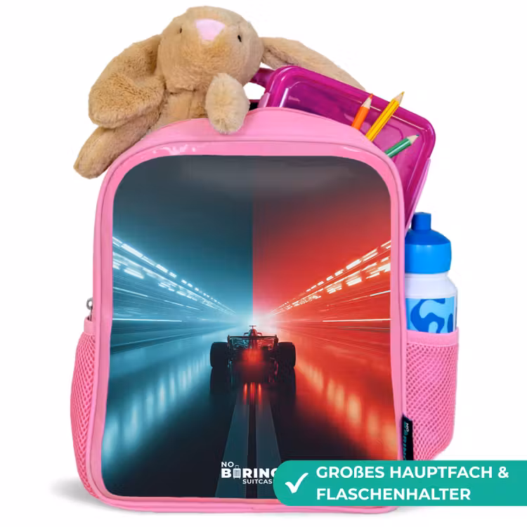 Kinderrucksack - Rosa - Rennstrecke - Rennwagen - Neon - Rot — 3