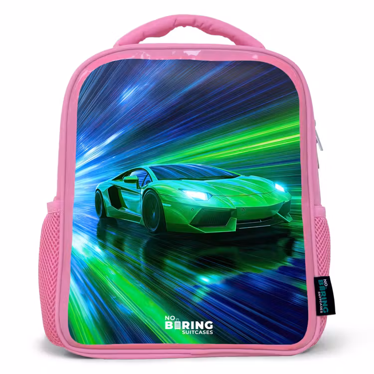 Kinderrucksack - Rosa - Rennwagen - Hellgrün - Lichtstrahlen - Geschwindigkeit — 1