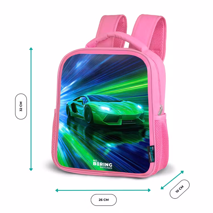 Kinderrucksack - Rosa - Rennwagen - Hellgrün - Lichtstrahlen - Geschwindigkeit — 2