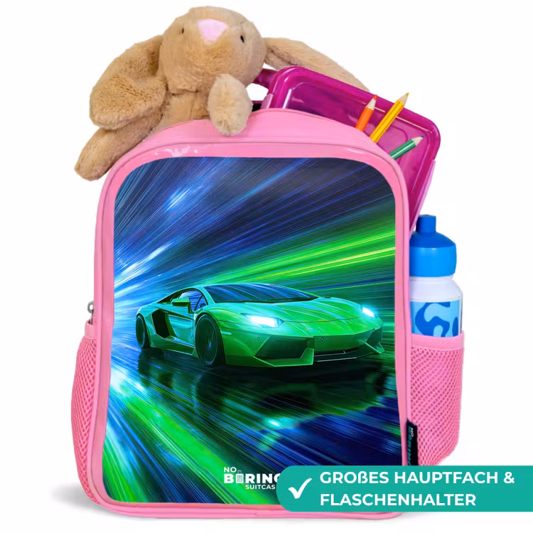 Kinderrucksack - Rosa - Rennwagen - Hellgrün - Lichtstrahlen - Geschwindigkeit — 3