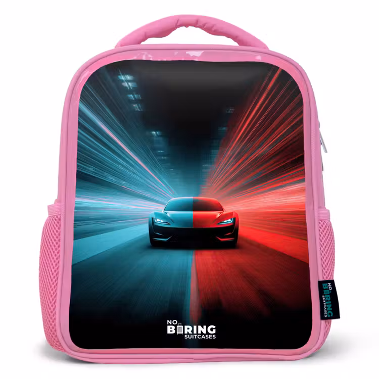 Kinderrucksack - Rosa - Sportwagen - Lichtstrahlen - Neon - Blau — 1