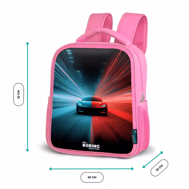 Kinderrucksack - Rosa - Sportwagen - Lichtstrahlen - Neon - Blau — 2