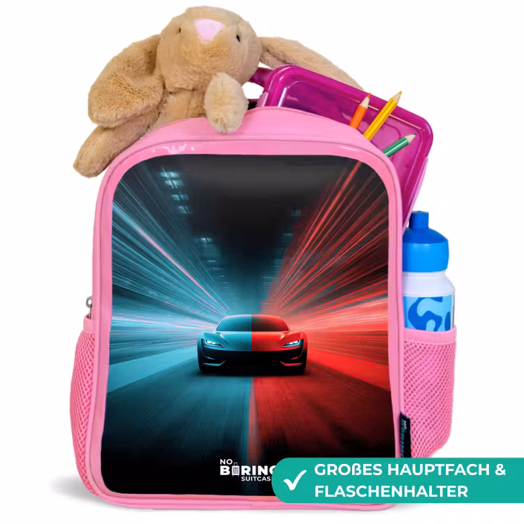 Kinderrucksack - Rosa - Sportwagen - Lichtstrahlen - Neon - Blau — 3