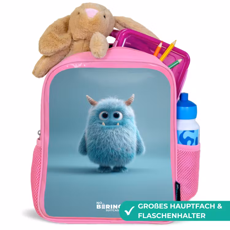 Kinderrucksack - Rosa - Blauw pluizig monster met hoorns — 3