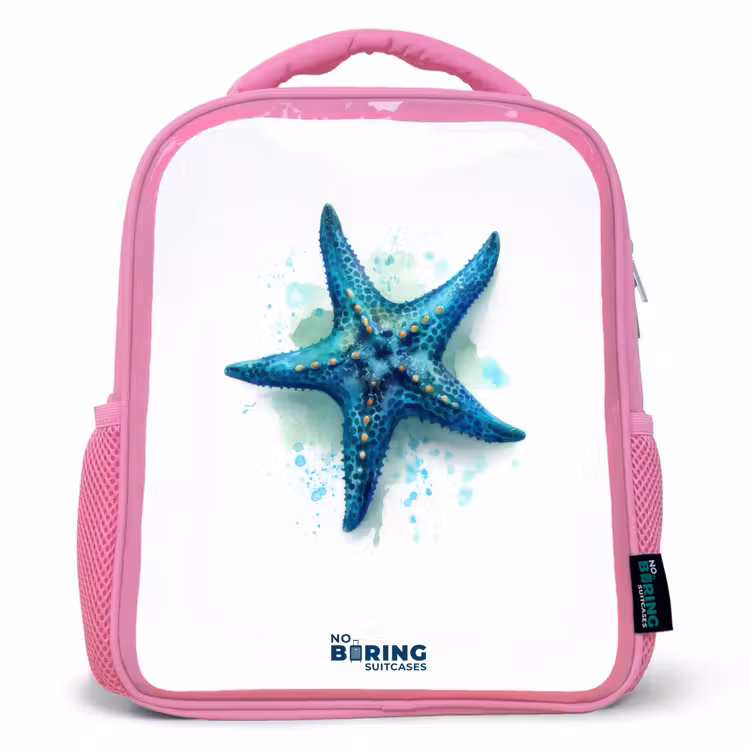 Kinderrucksack - Rosa - Blauwe Zeester op Witte Achtergrond — 1