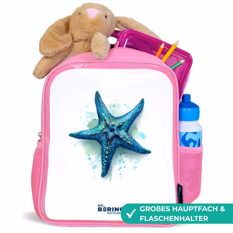 Kinderrucksack - Rosa - Blauwe Zeester op Witte Achtergrond — 3