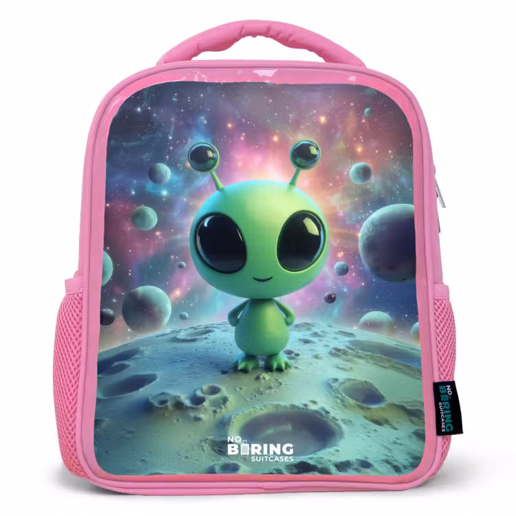 Kinderrucksack - Rosa - Groen buitenaards wezentje op maanlandschap — 1
