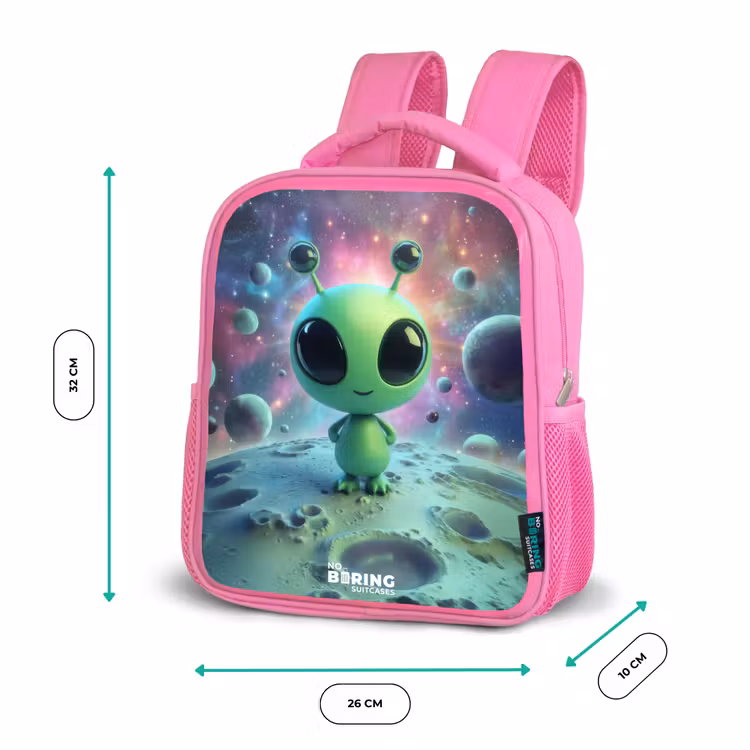Kinderrucksack - Rosa - Groen buitenaards wezentje op maanlandschap — 2