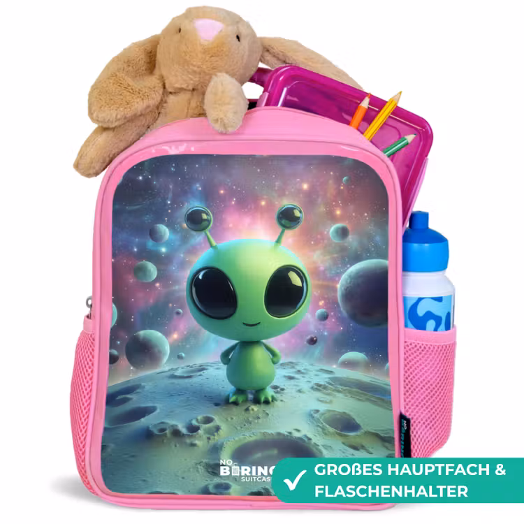 Kinderrucksack - Rosa - Groen buitenaards wezentje op maanlandschap — 3