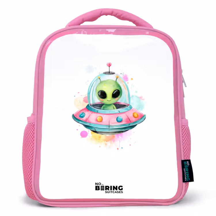 Kinderrucksack - Rosa - Groene alien in kleurrijke UFO — 1