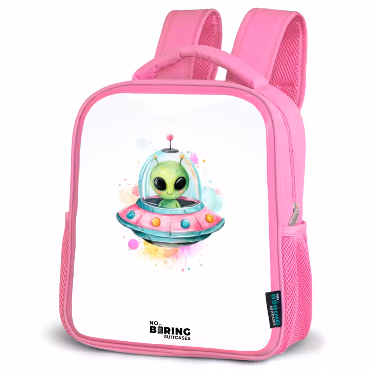 Kinderrucksack - Rosa - Groene alien in kleurrijke UFO — 4